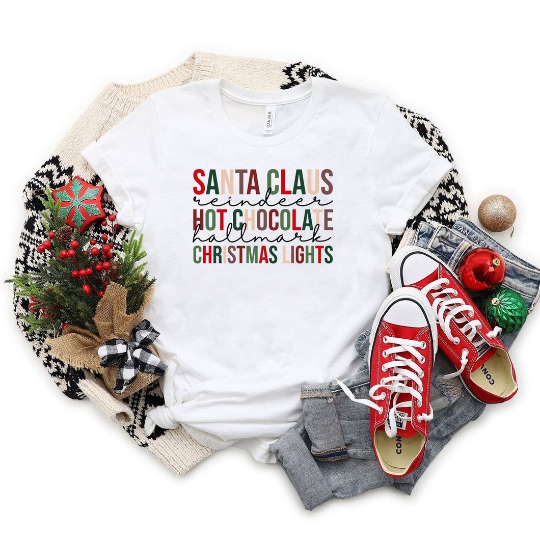 Santa Clause, Reindeer, Hot Chocolate, Christmas Movies,Stacked Christmas Shirt, Christmas Shirts for women, Family Christmas